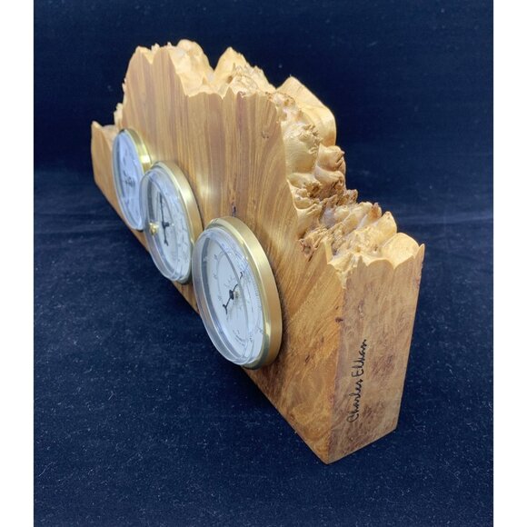 Signed Charles Elkan Live Edge Burl Wood Desk Weather Station Clock Barometer - Picture 6 of 11